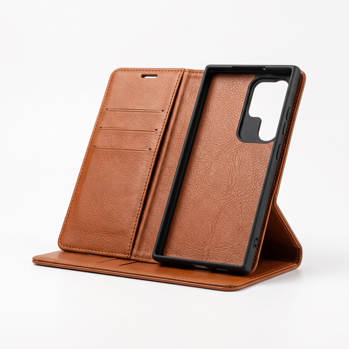 Folio Wallet Case with Dual Card Slots, Cash Pocket & Magnetic Tab - folded stand position