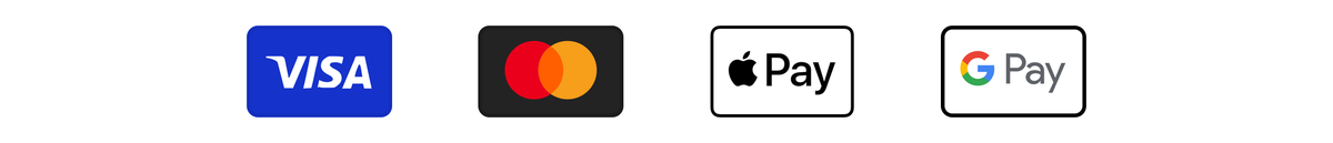 Accepted payment methods: Visa, Mastercard, Apple Pay, Google Pay